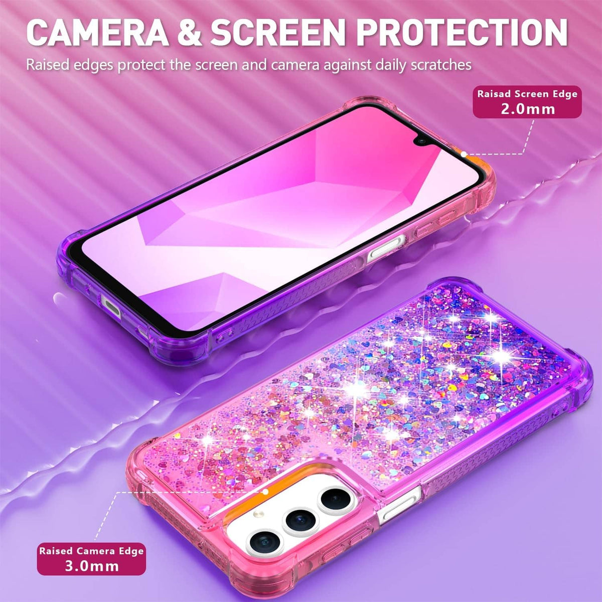 Slim phone case with raised screen and camera edges, pink-purple glitter design