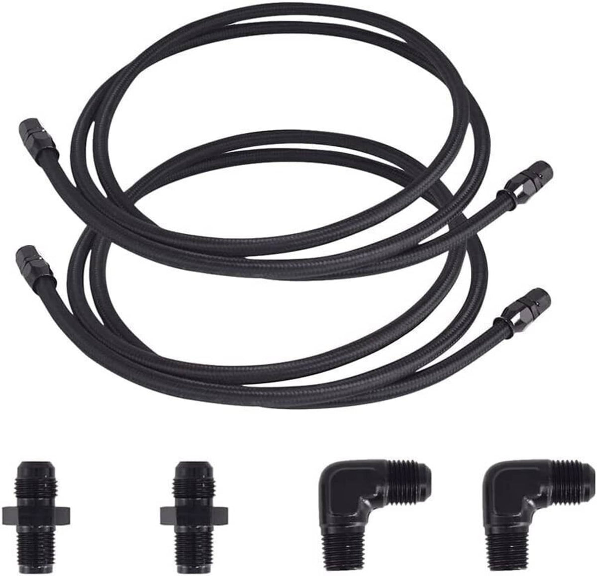 Automatic transmission cooler hose line kit with black braided hoses and AN fittings