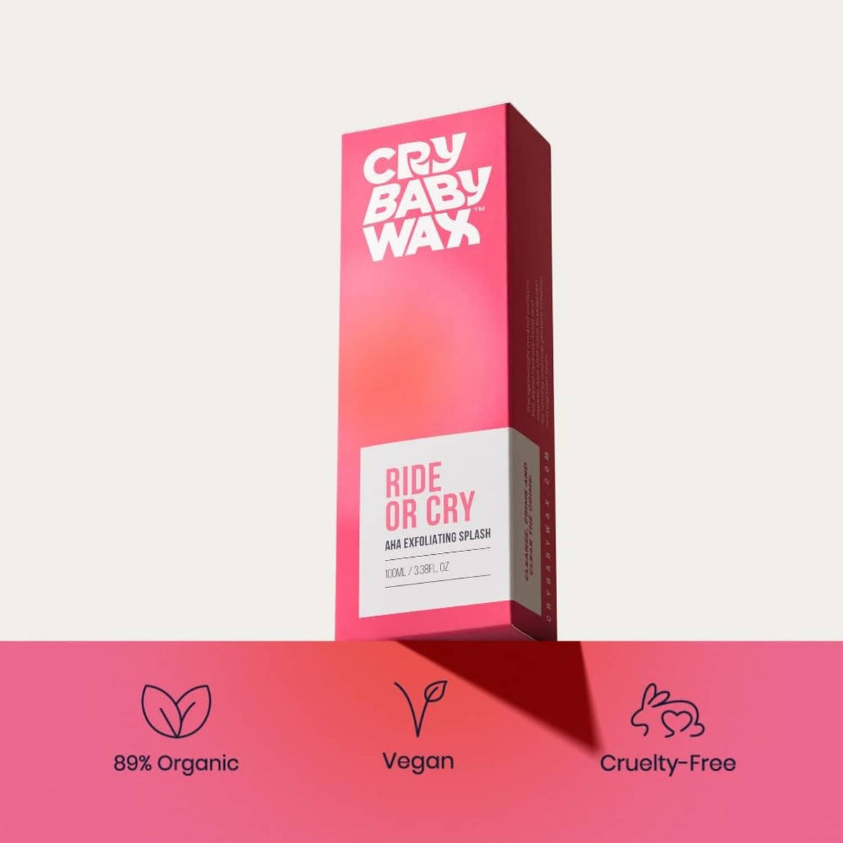 Pink bottle with box, icons indicate 89% organic, vegan, cruelty-free