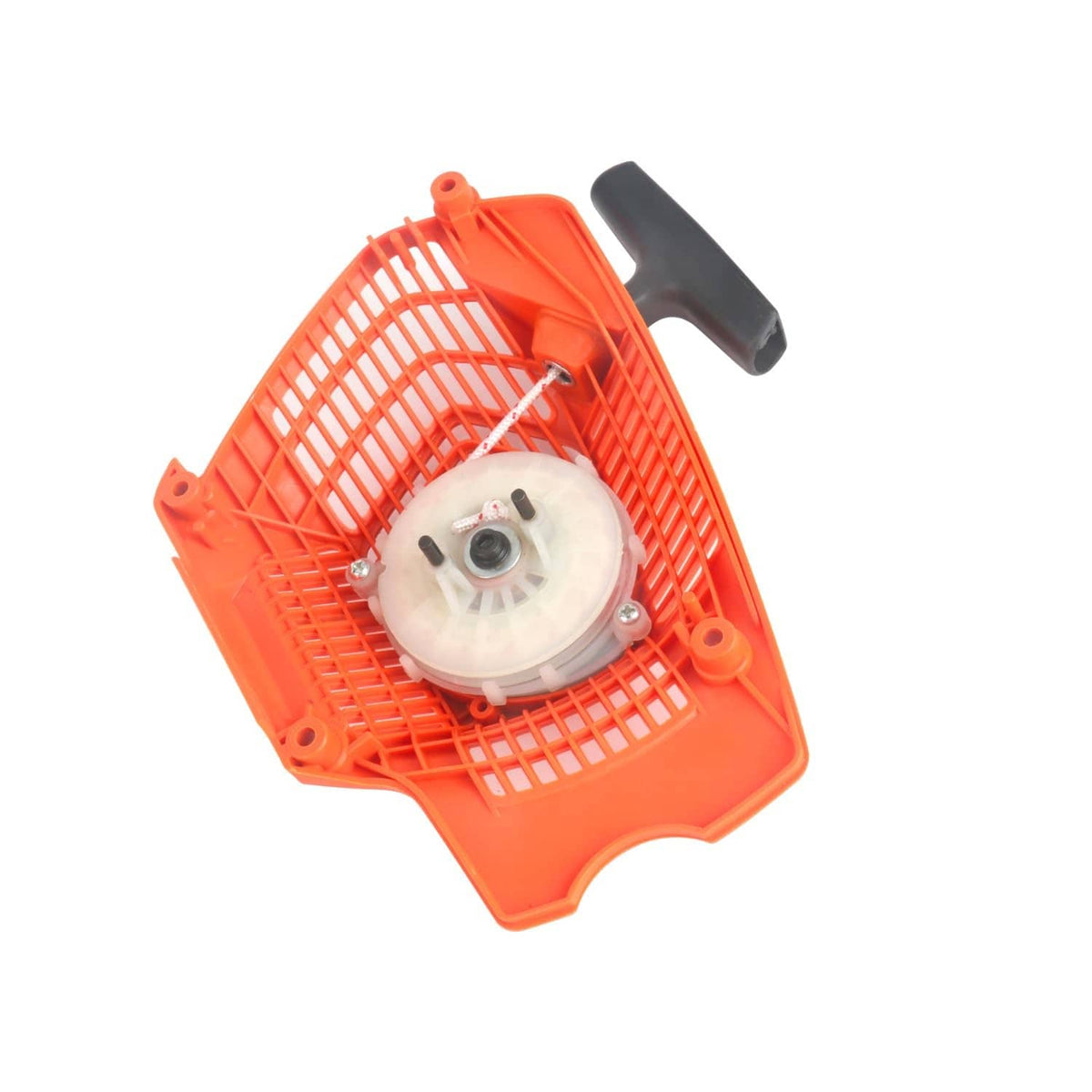 Orange pull start recoil assembly with black handle and visible starter wheel center