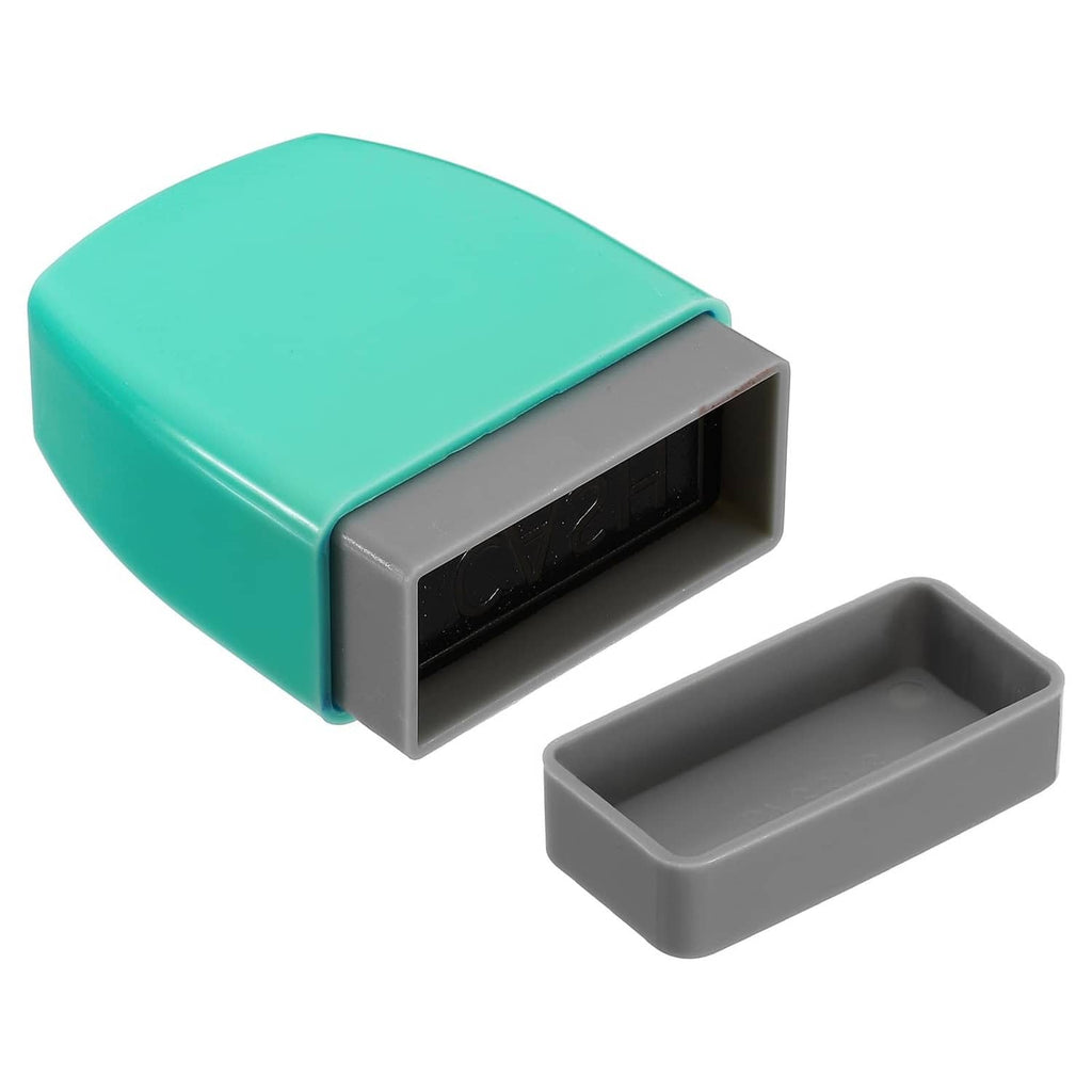 Green cash stamp with side opening and gray ink pad tray, self-inking mechanism