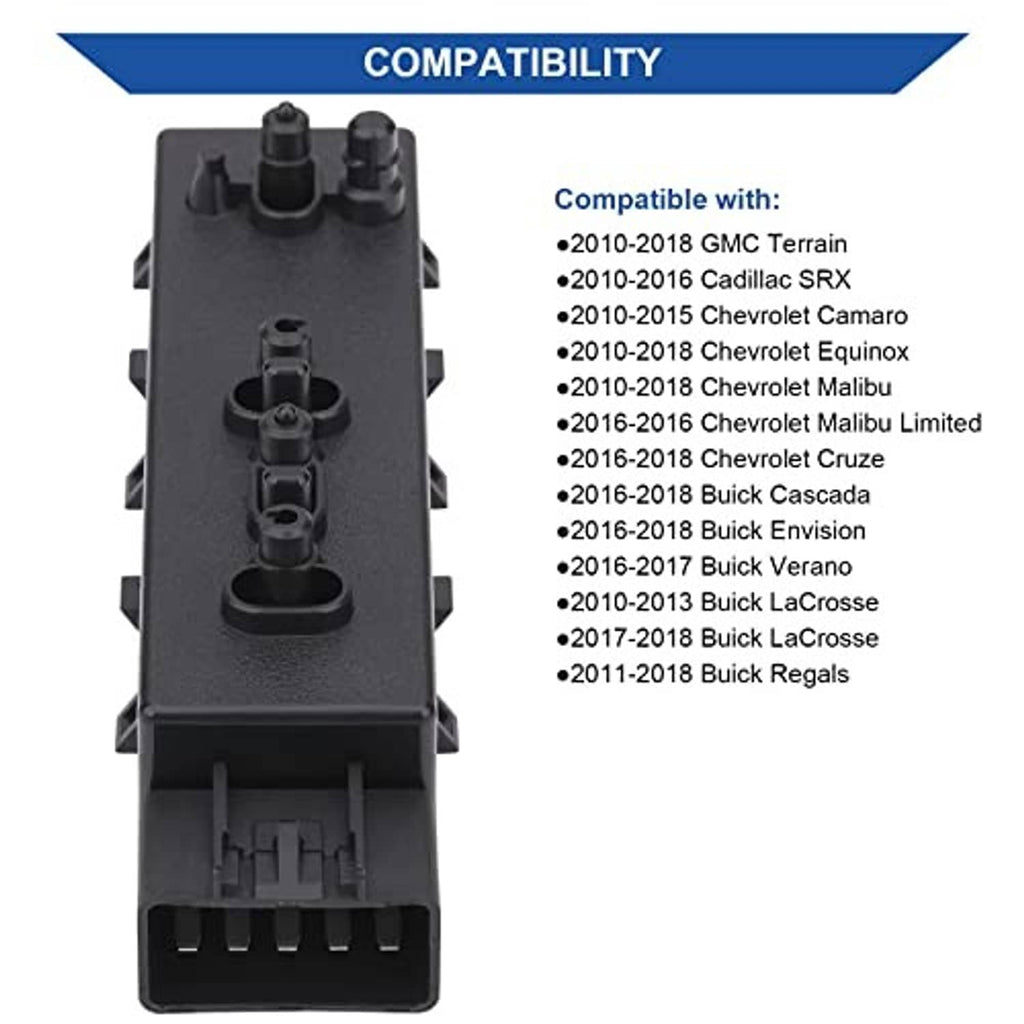 Black power seat switch control module front with multiple knob mounts and wiring connector end.