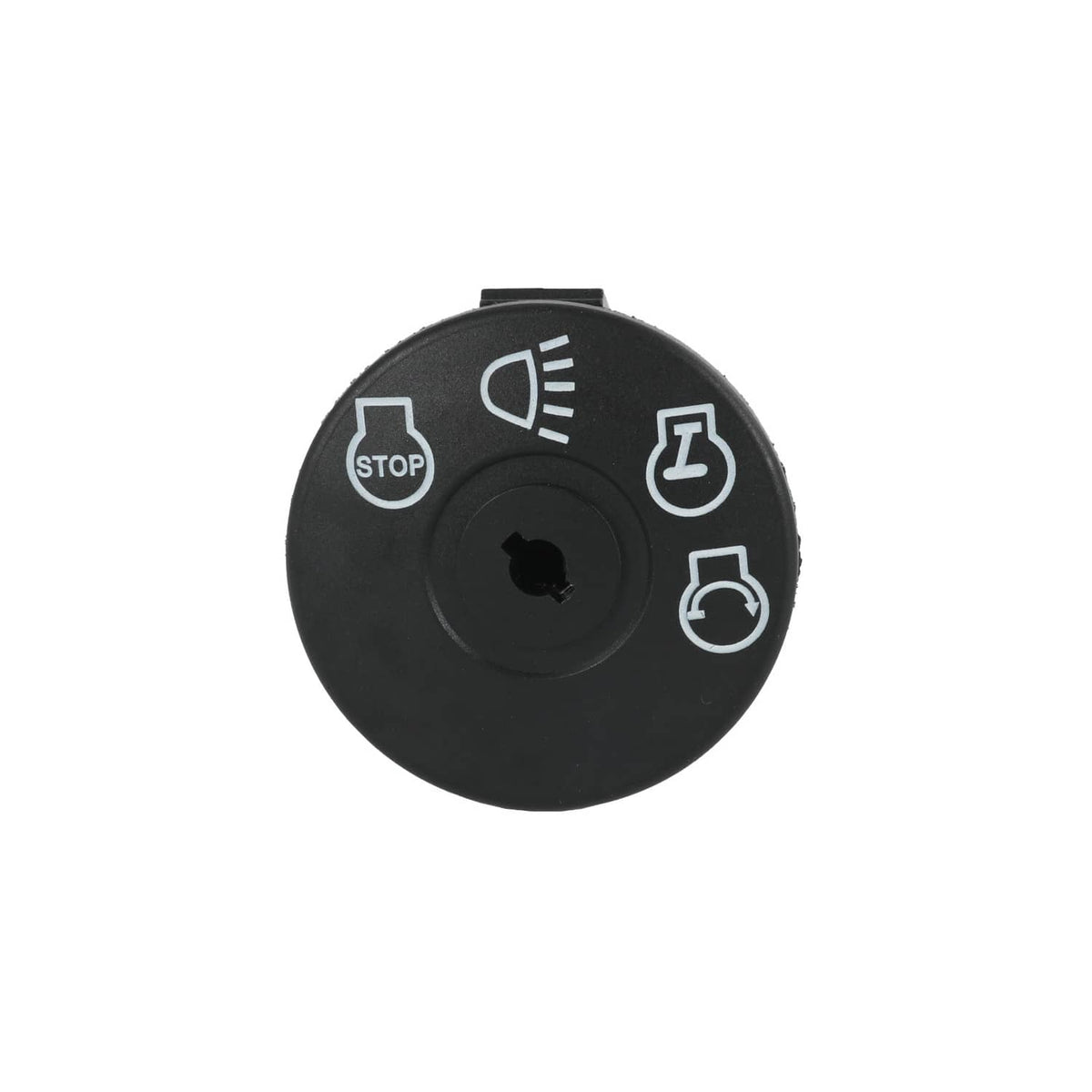 Ignition starter switch faceplate with stop symbol and power/engine icons