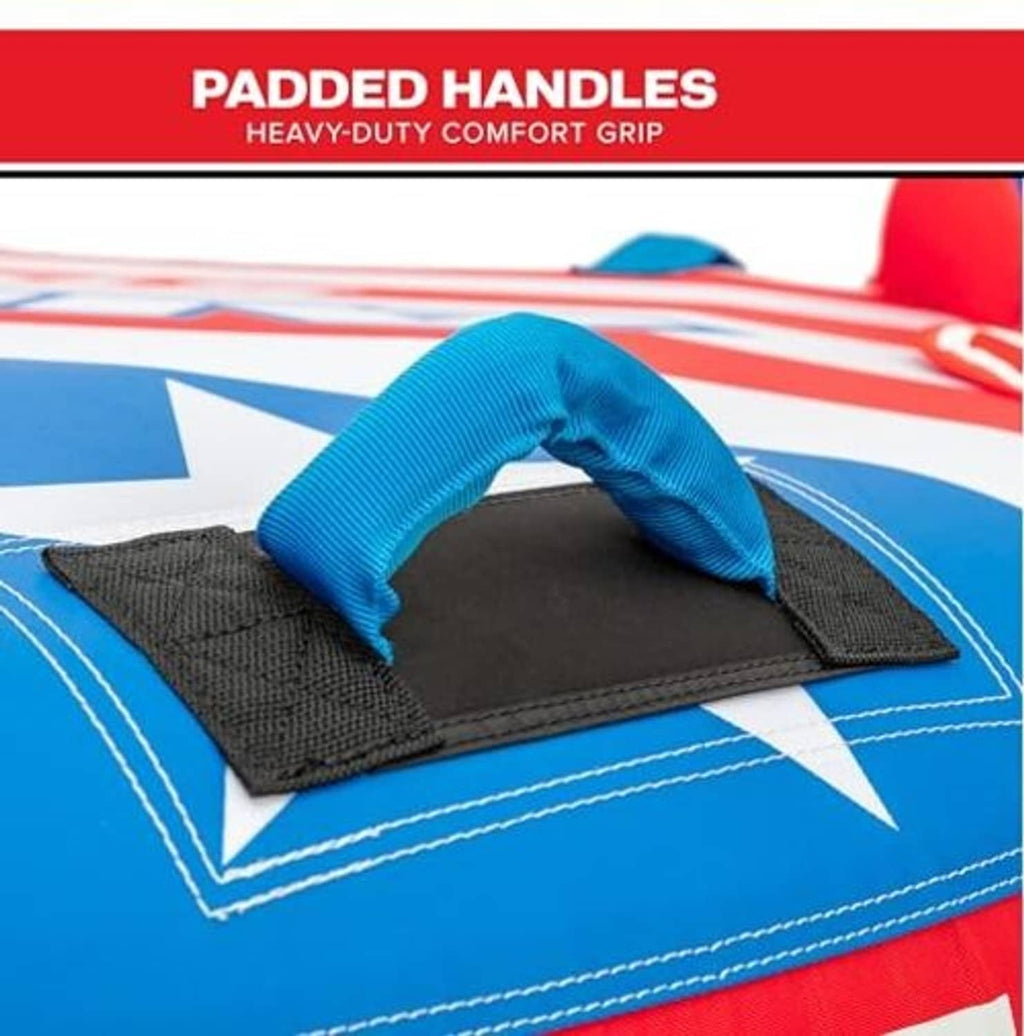 Padded carry handle for inflatable towable tube, blue handle on red and white stripes