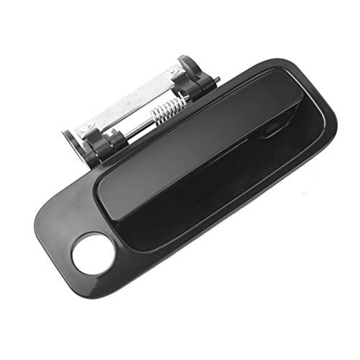 Black exterior door handle with circular mounting hole and spring latch mechanism