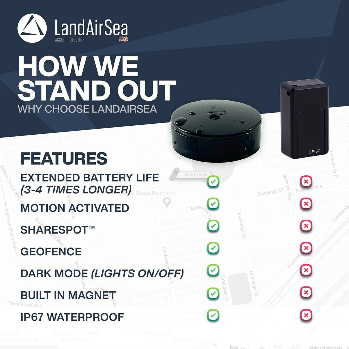 Black round GPS tracker puck with visible top details, shown with a small device.