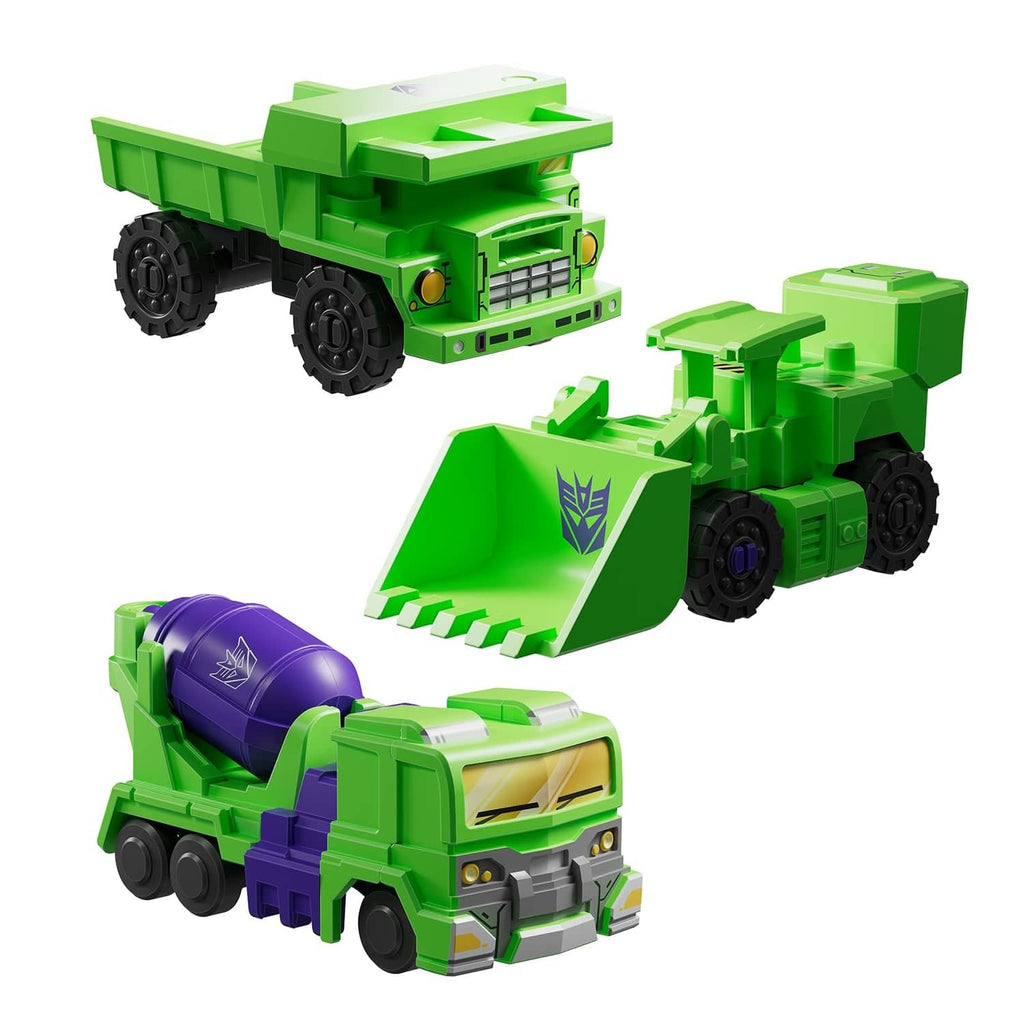 Green and purple Transformers defender vehicle and robot figures, multicolor