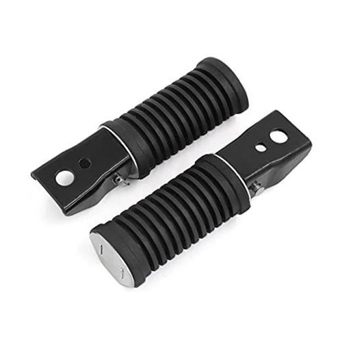Metal motorcycle folding rear footrest pegs, black ribbed rubber grips, pair