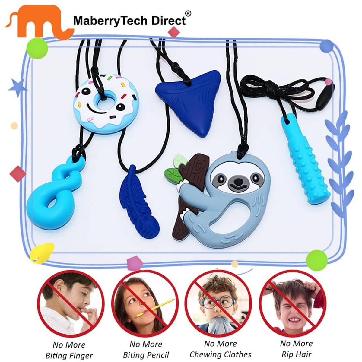 Silicone chew necklace set with six blue and light-blue pendants on black cords