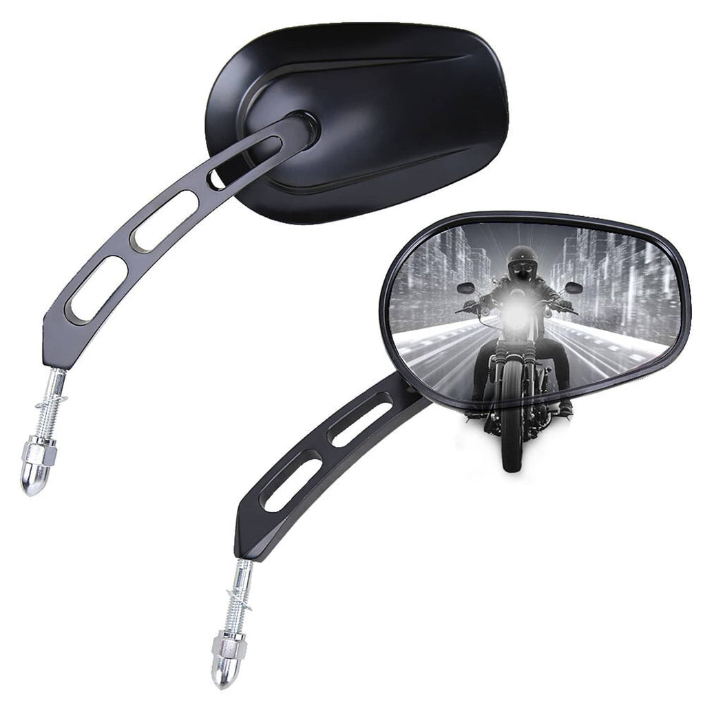 Black rear view mirror pair with convex lenses and chrome threaded mounting stems.