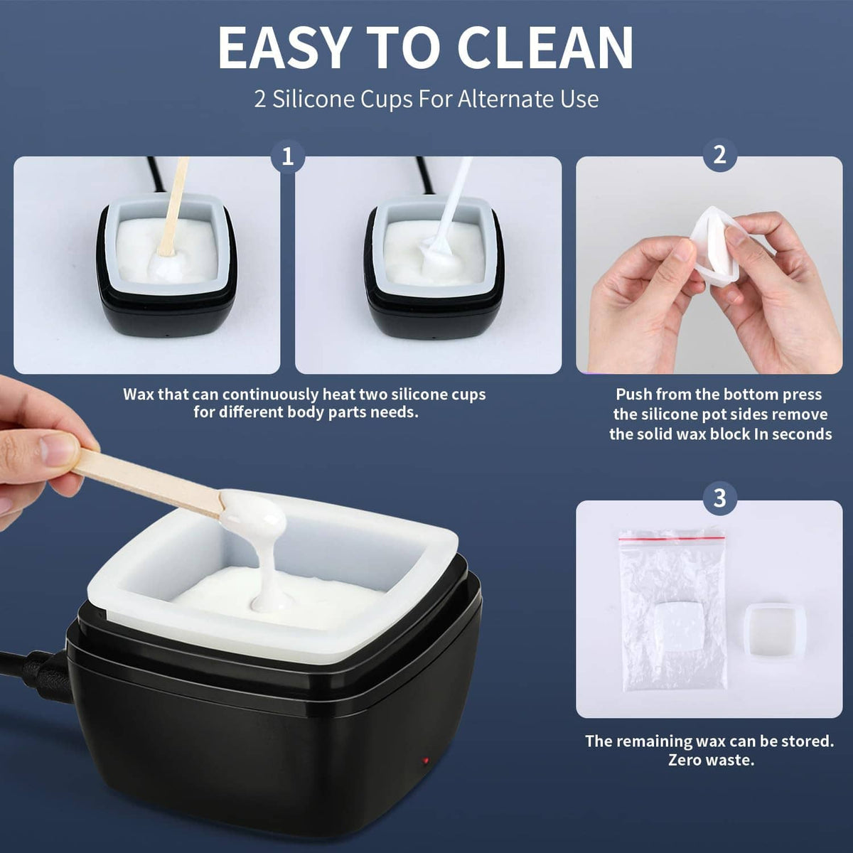 Nose wax kit with two silicone cups and wax warmer, plus storage of remaining wax