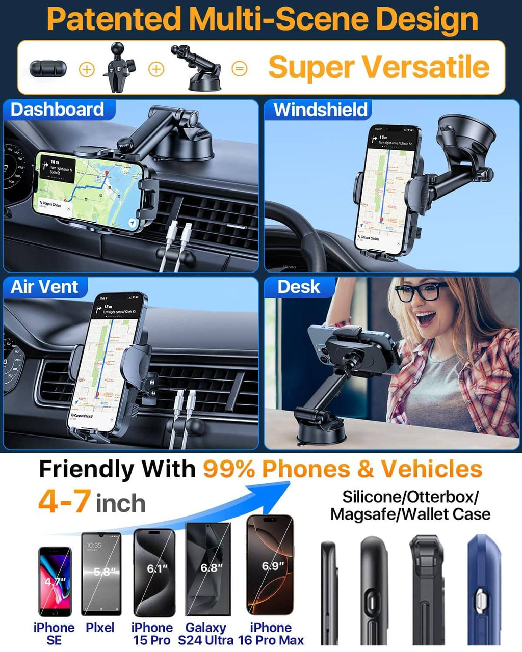 Versatile car phone holder mount with adjustable arms for multiple mounting locations