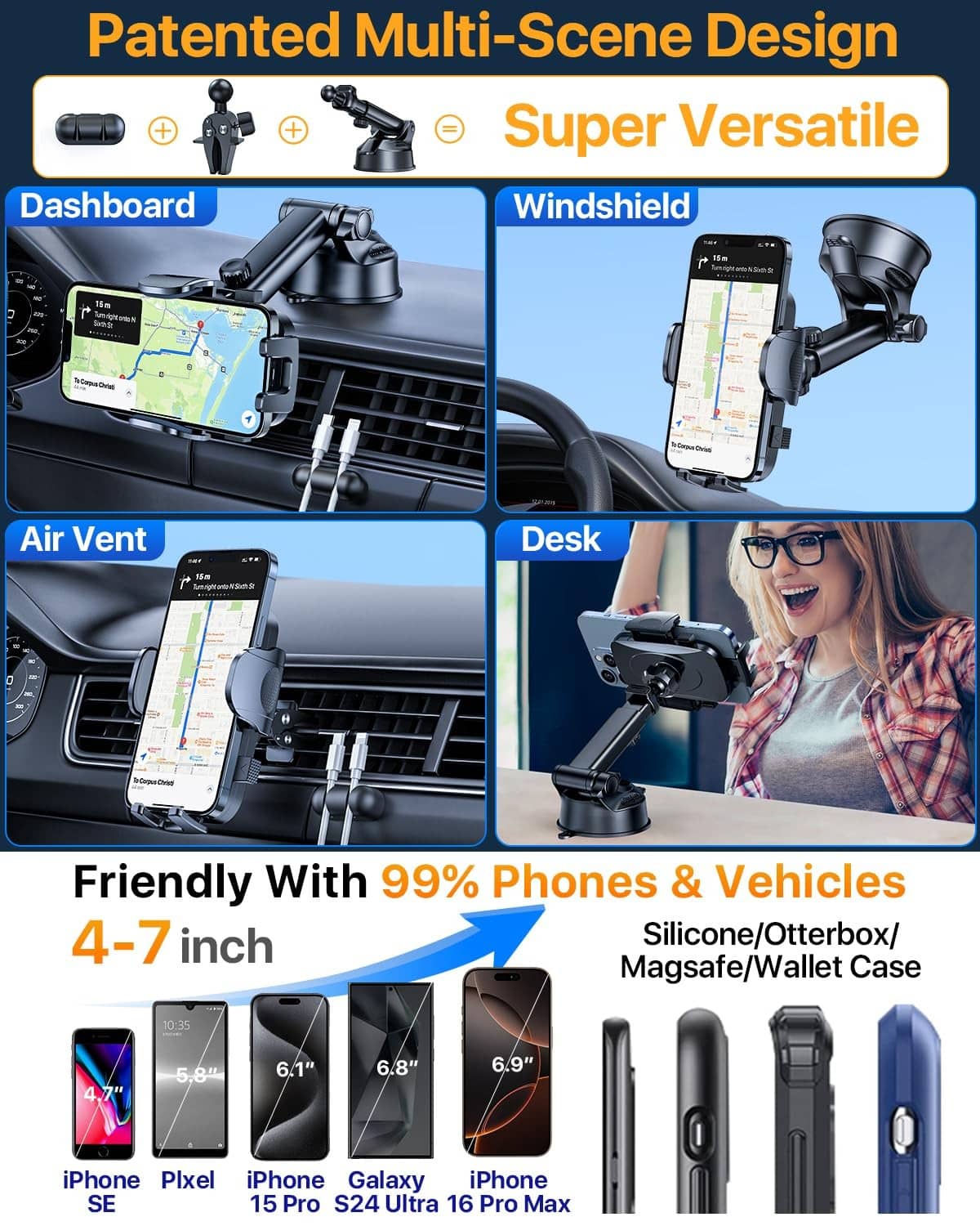 Versatile car phone holder mount with adjustable arms for multiple mounting locations