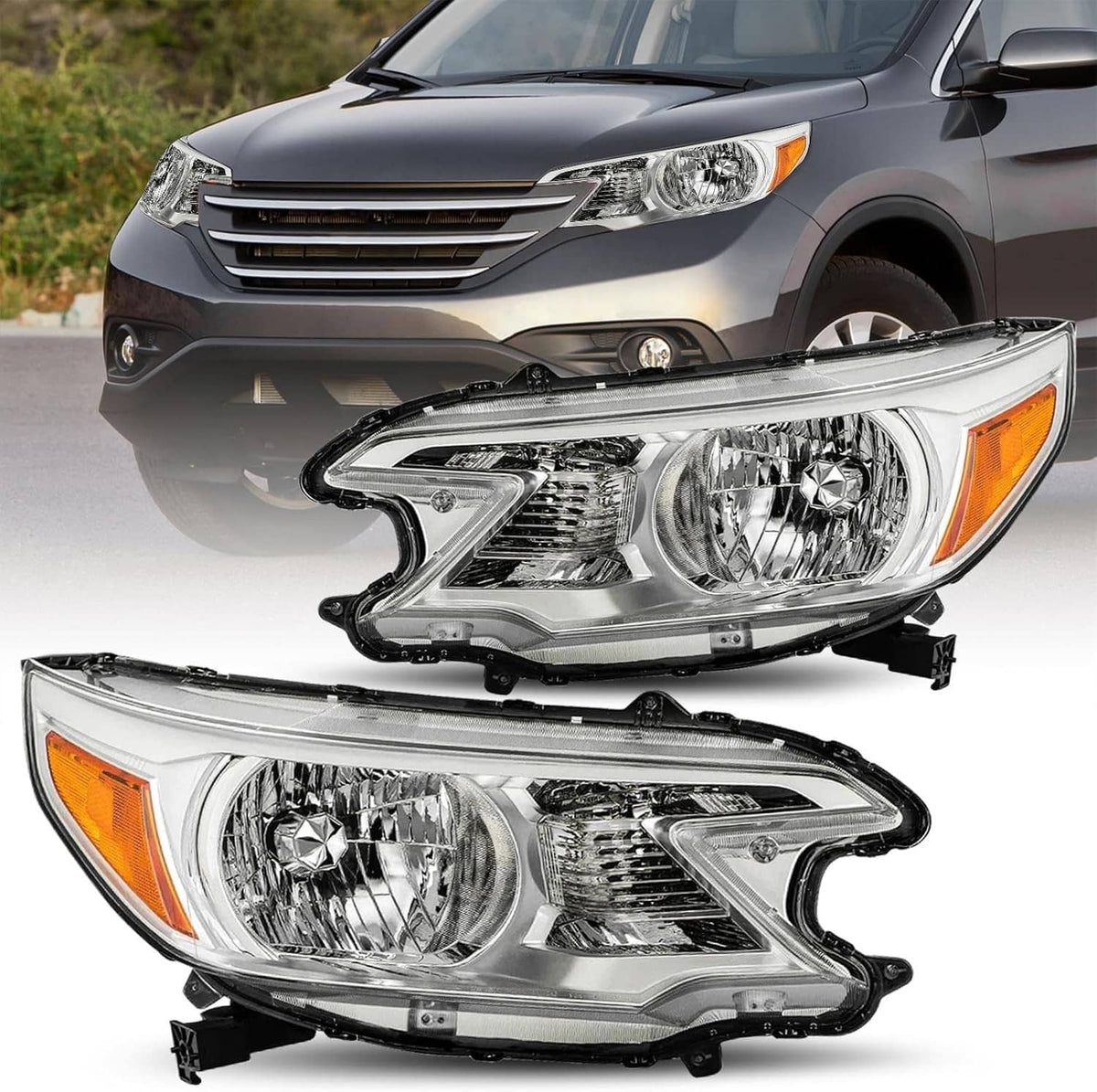 Pair of chrome amber corner headlights with clear lens and amber reflector, front view