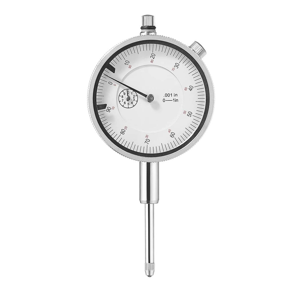 Dial test indicator close-up with round dial scale and metal stem probe