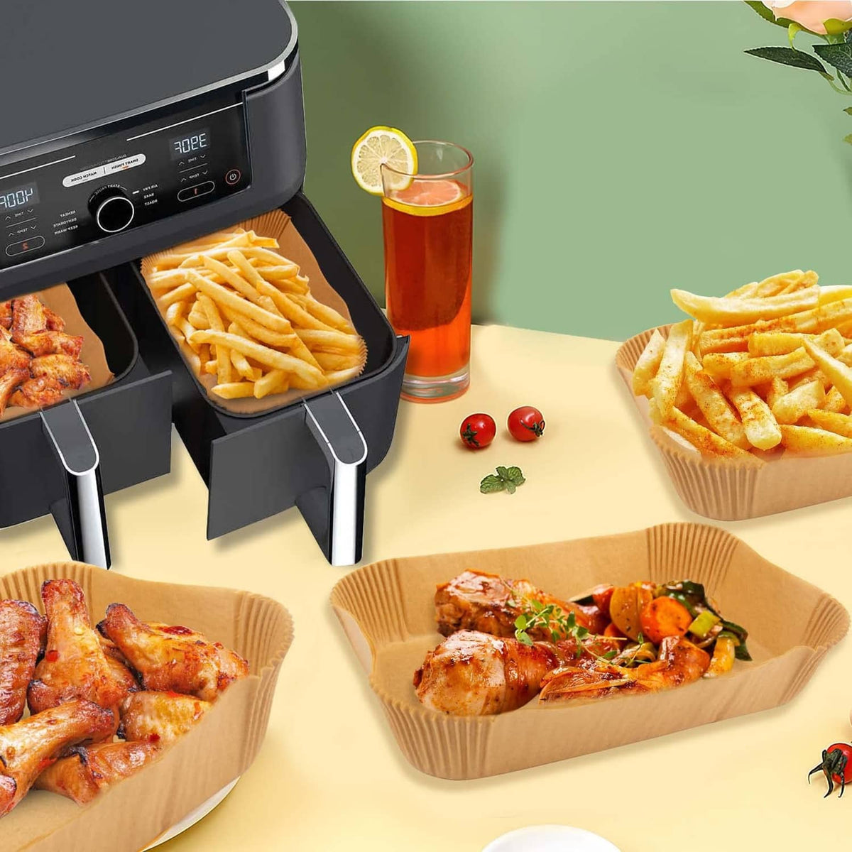 Multiple brown rectangular air fryer paper liners with fries and chicken in the air fryer