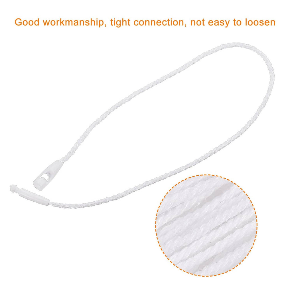 White snap-lock hang tag rope with molded connector and visible woven texture