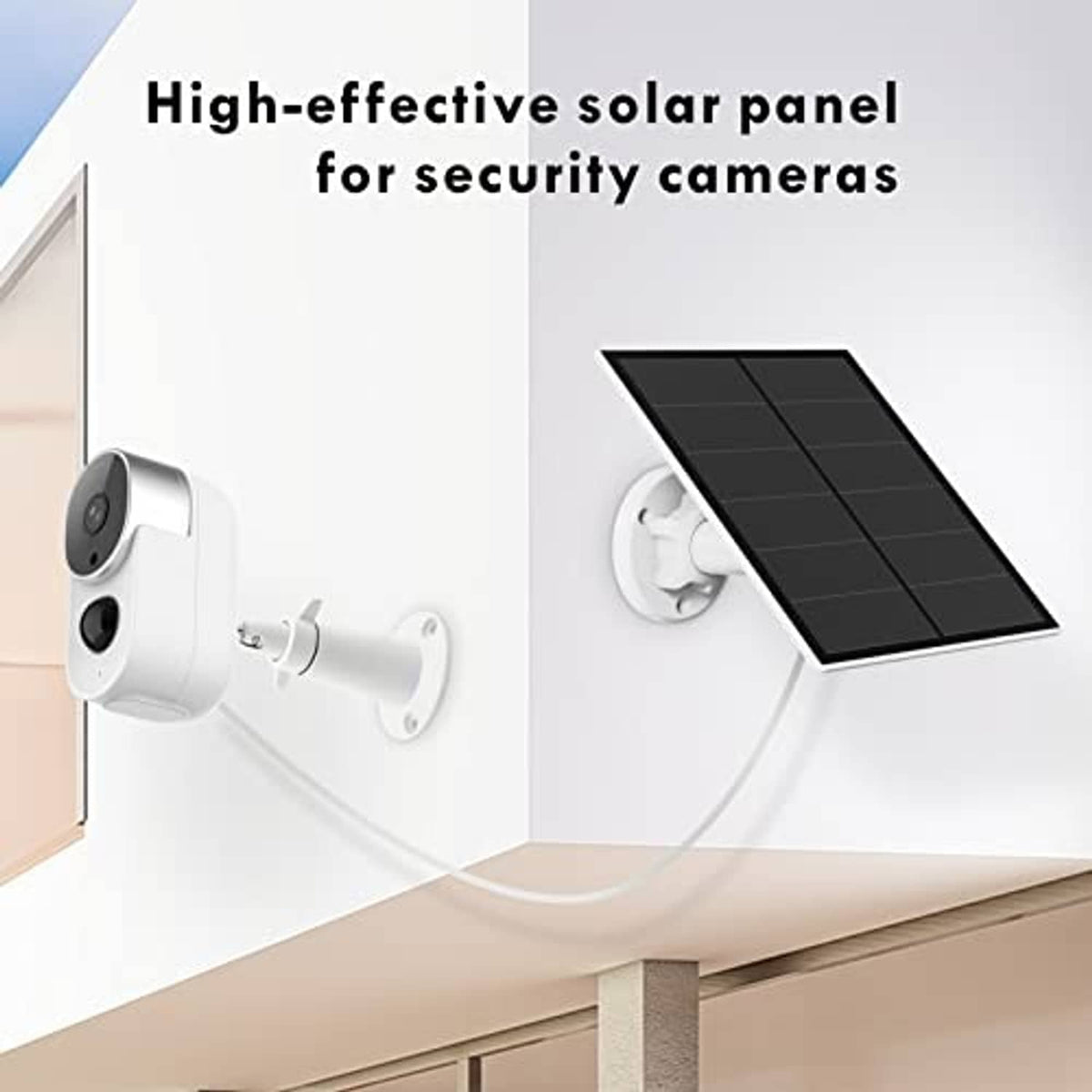 Security camera solar setup with dark photovoltaic panel and white wall-mounted bracket