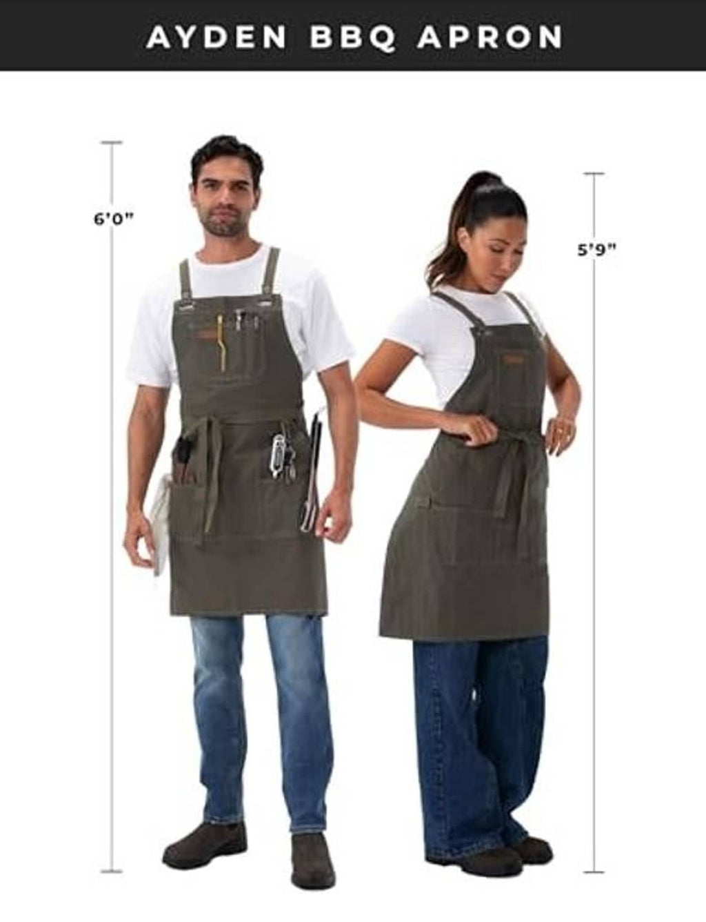 Olive BBQ apron with adjustable straps and front pockets, worn by two models