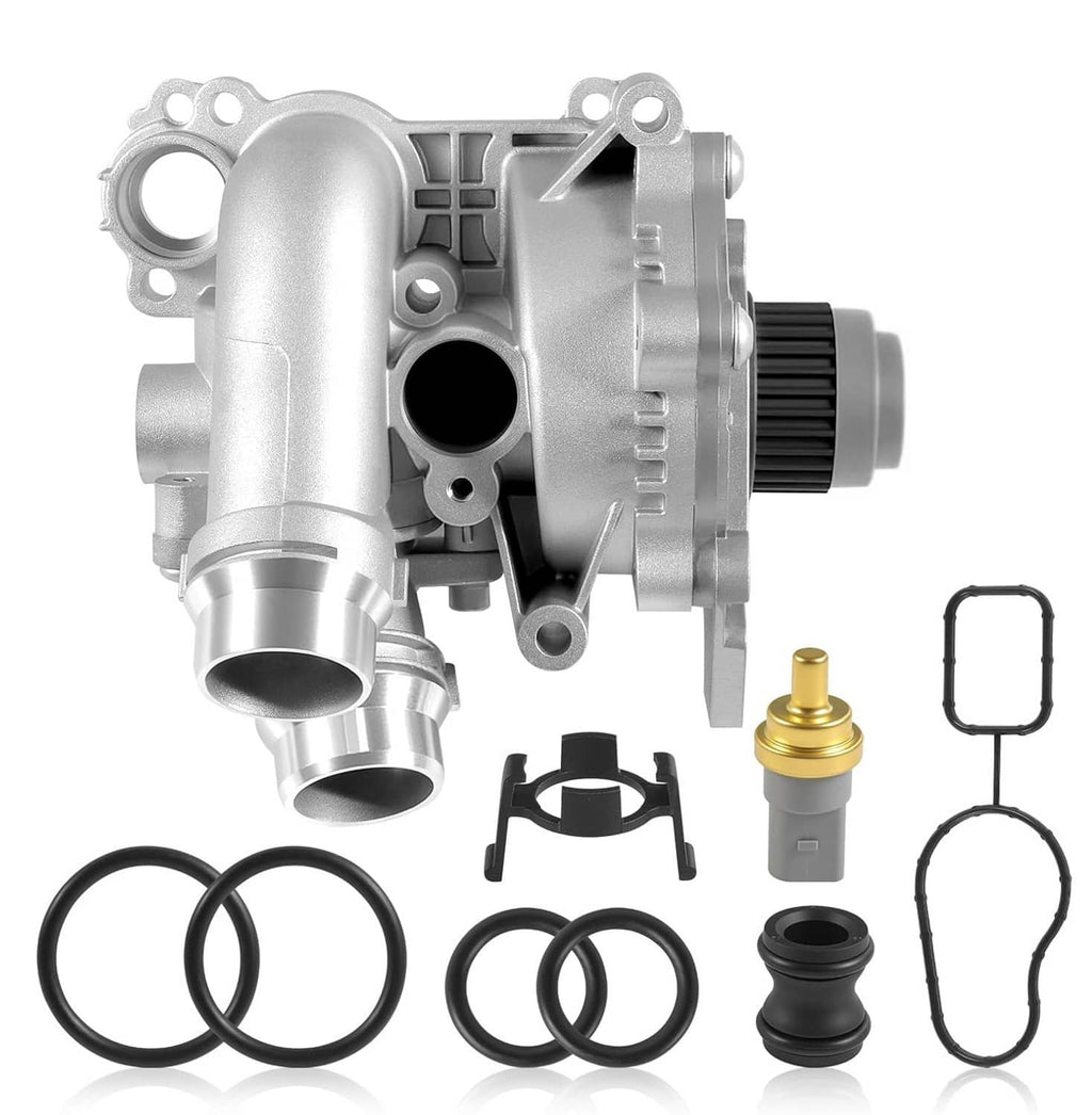 Water pump and thermostat with metal body, black gear housing, and gasket O-rings