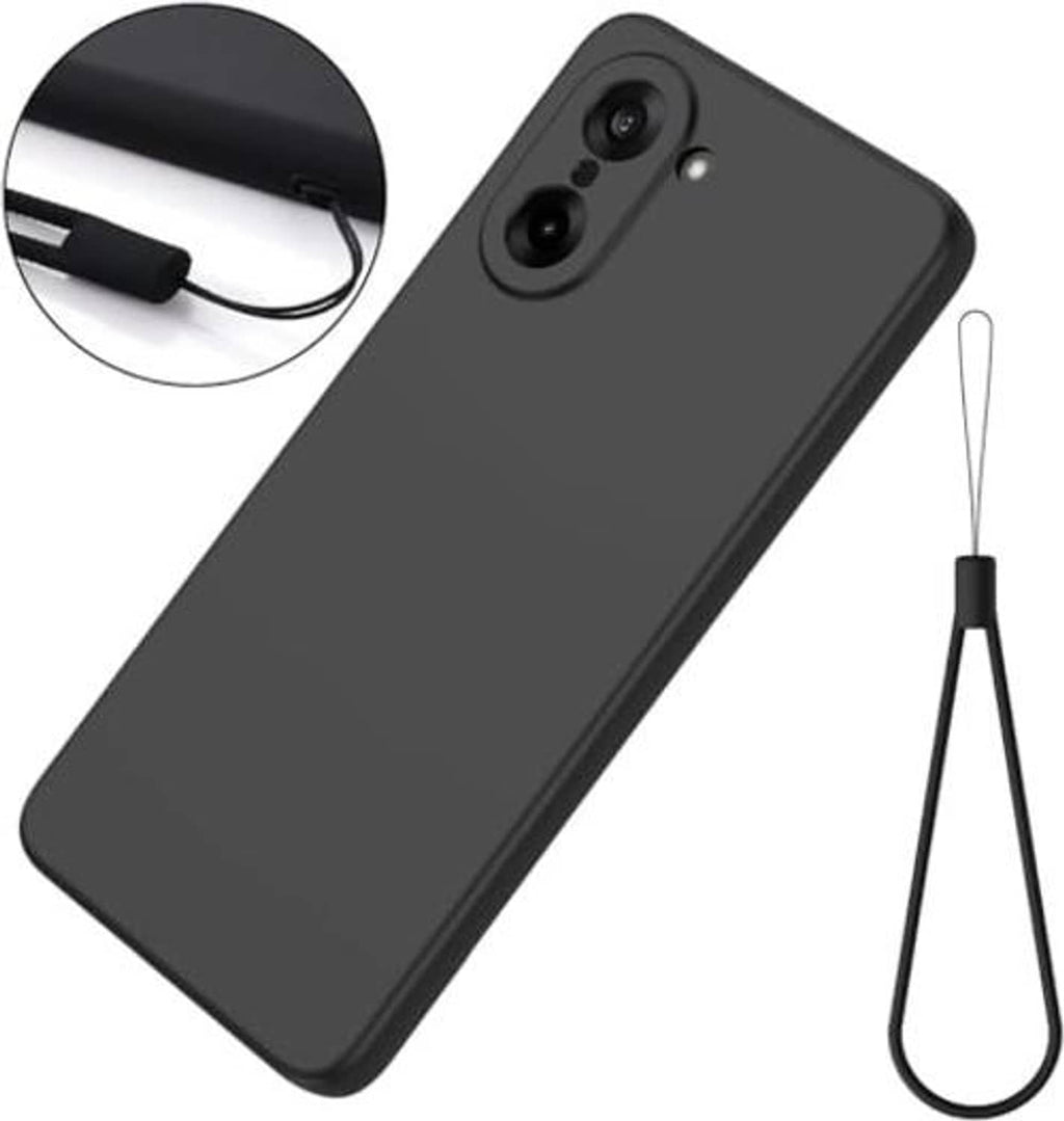 Black phone case with camera cutouts and lanyard strap, back view