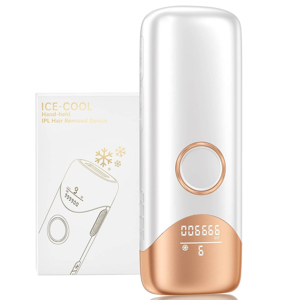 Handheld IPL hair removal device with circular rose-gold window, white and gold body