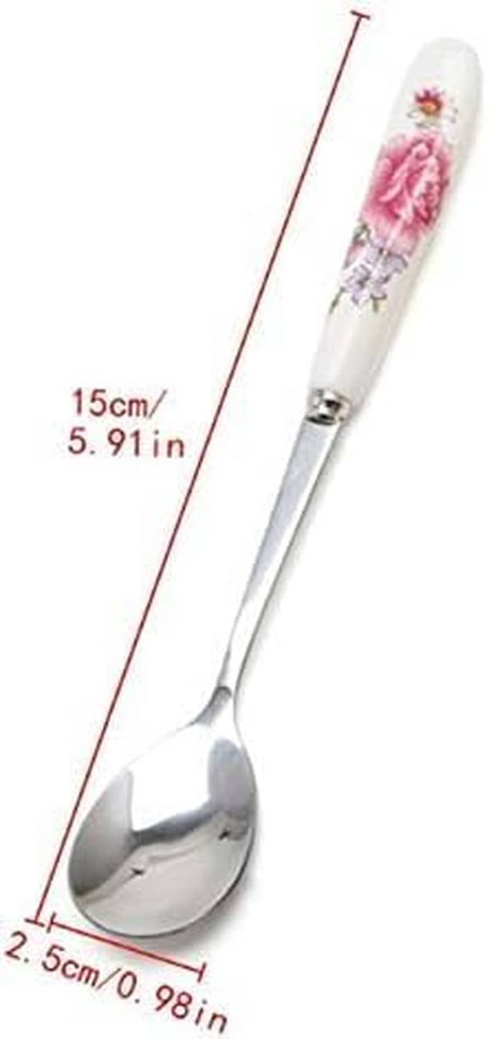 Stainless steel teaspoon with white ceramic floral handle, showing length and width