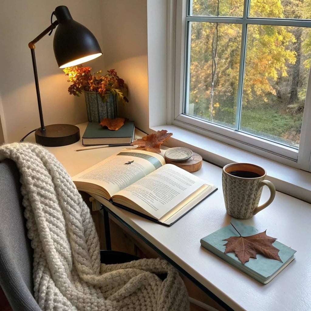 Coffee cup on windowsill next to open book and small leaf decoration