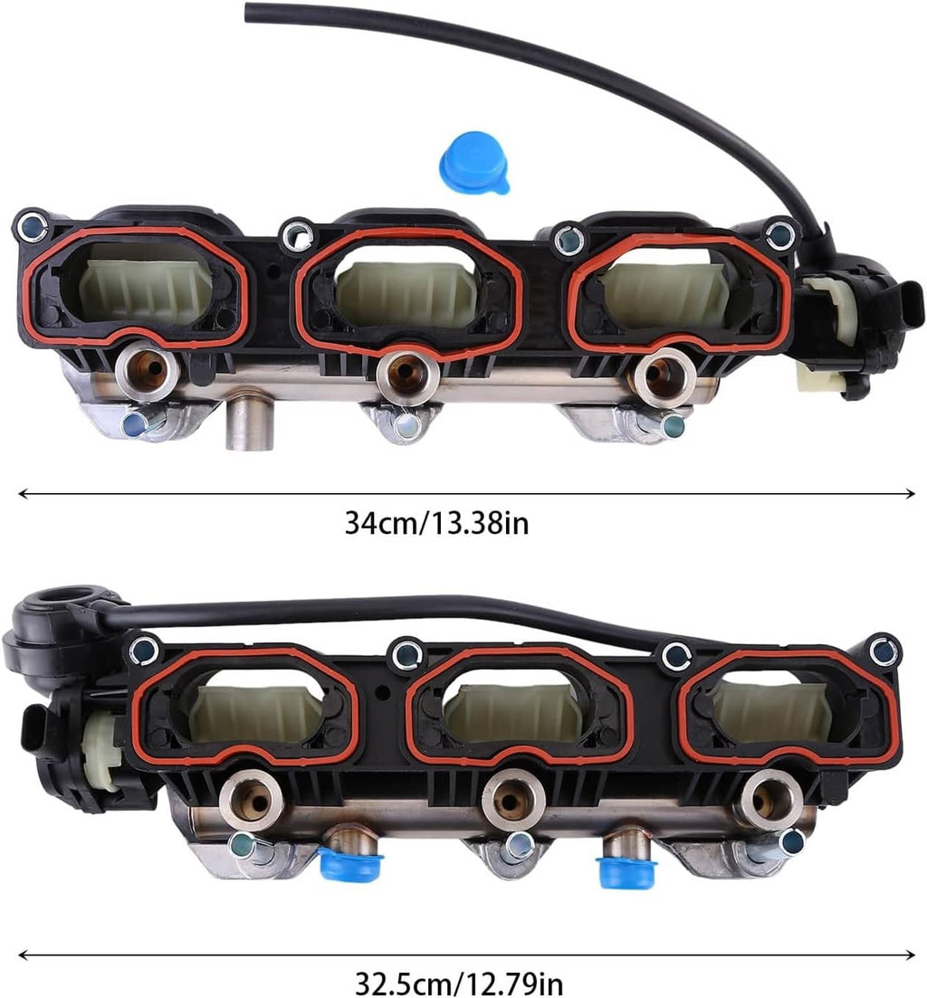 Intake manifold pair side view with three ports; black housings, red trim, and attached hose
