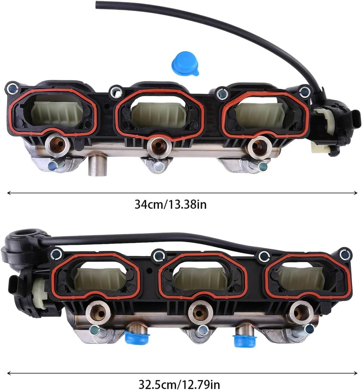 Intake manifold pair side view with three ports; black housings, red trim, and attached hose