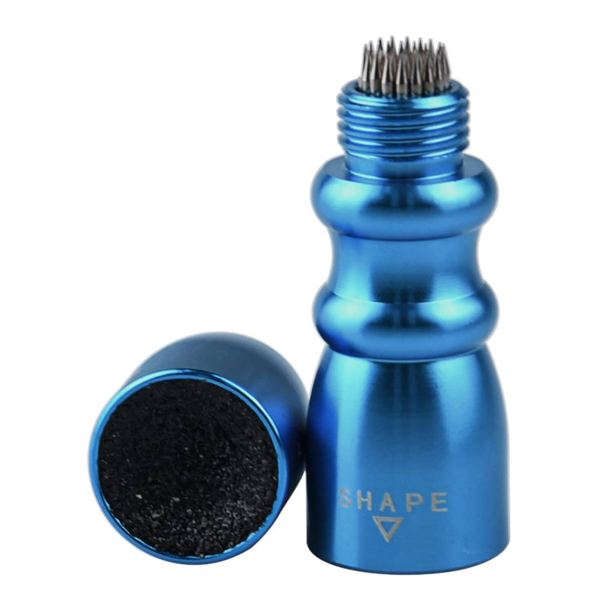 Blue cue tip shaper with textured black pad and metal bristle brush top