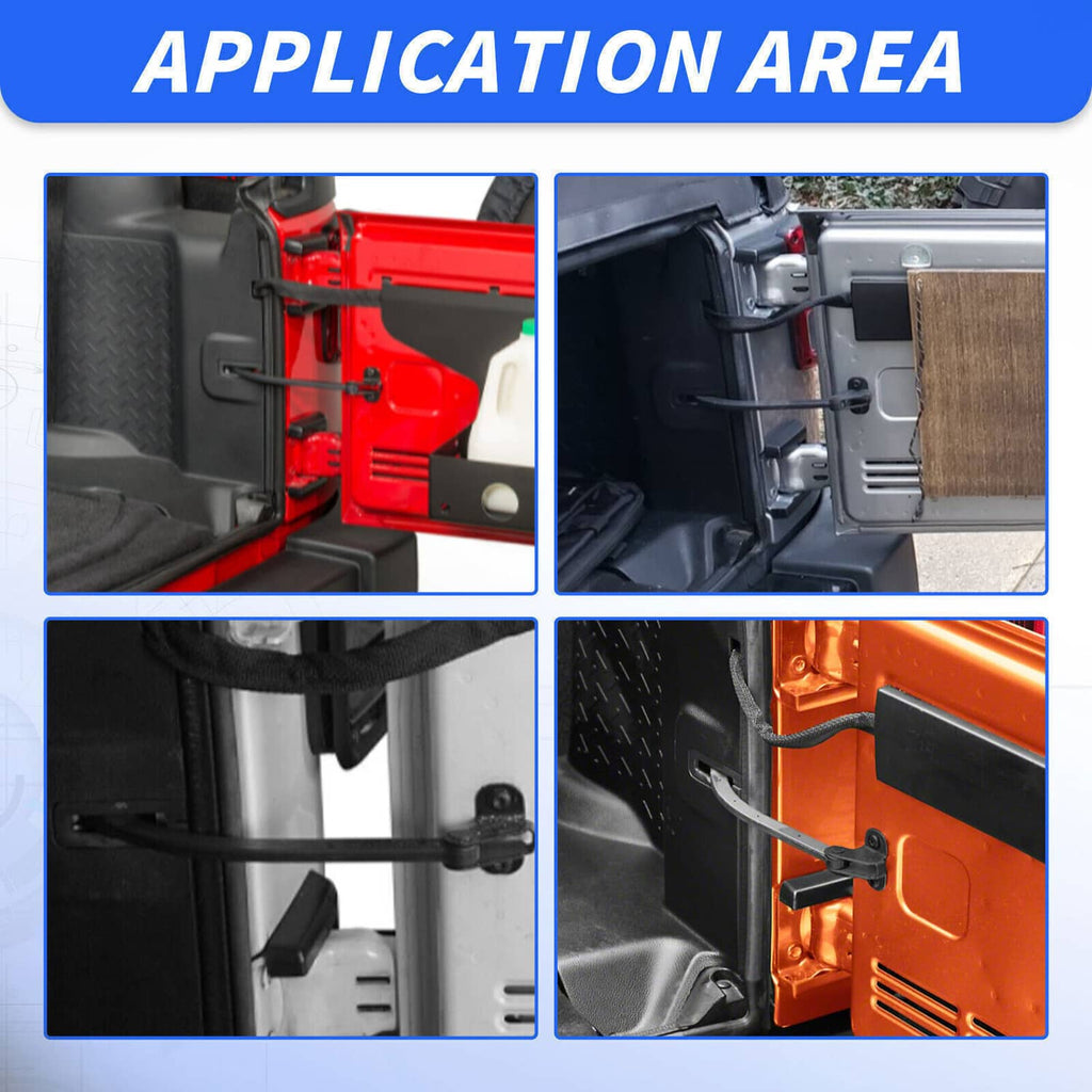 Installed check strap retaining arm with latch and bracket on interior of rear door