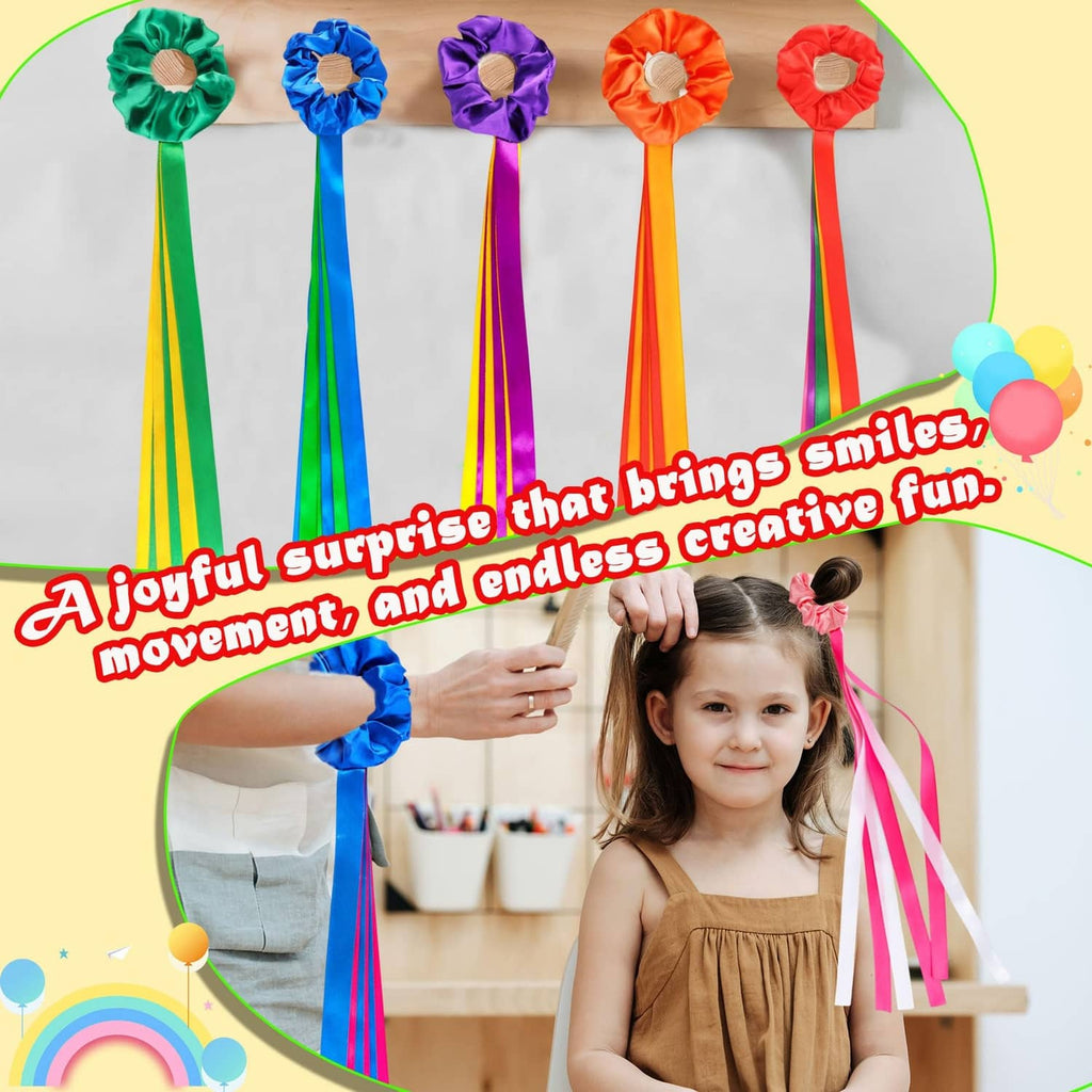 Rainbow ribbon streamer set with rosette ties, multicolor streamers arranged above child