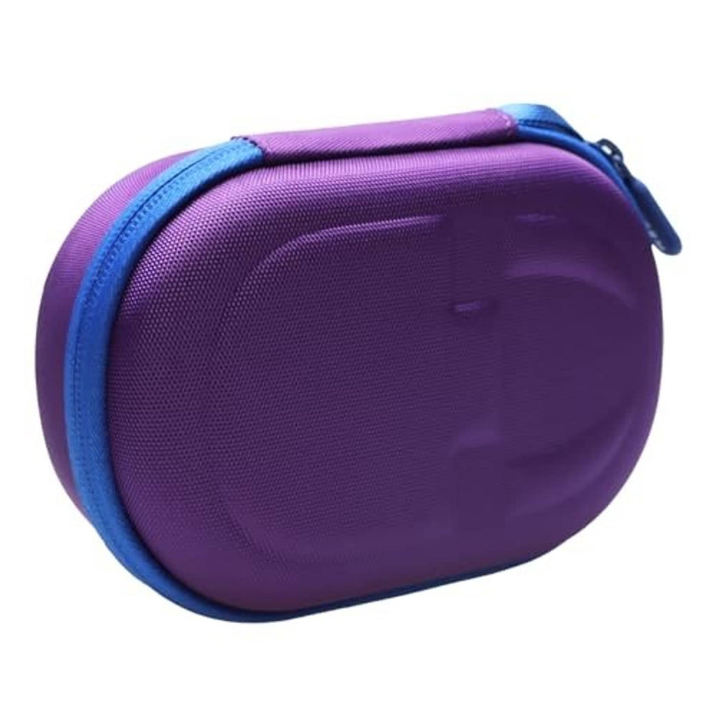Purple portable speaker case with blue zipper and smooth outer shell