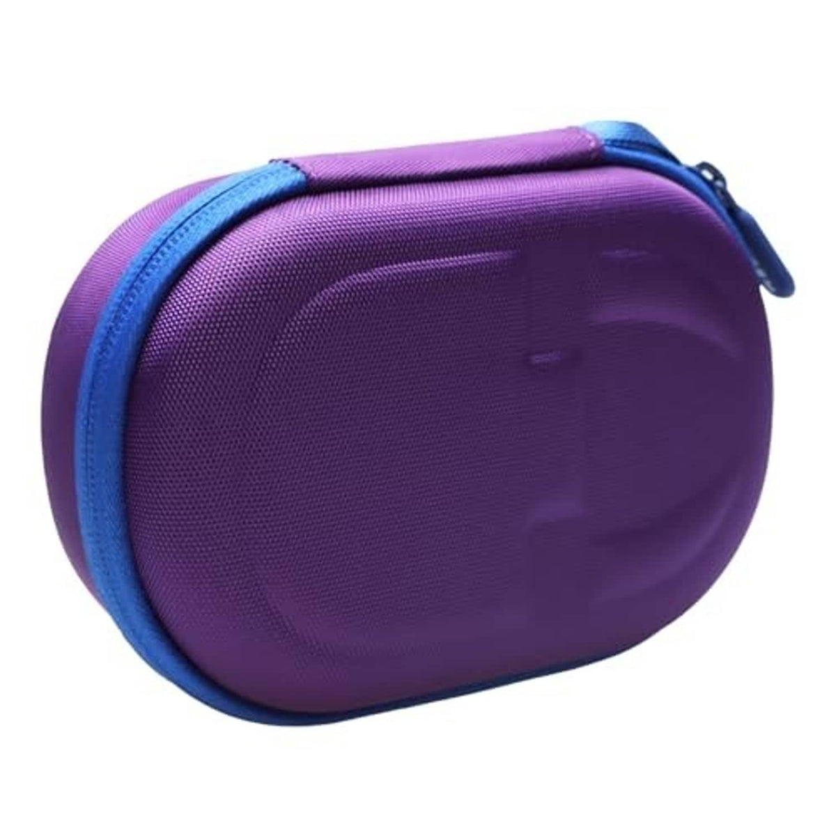 Purple portable speaker case with blue zipper and smooth outer shell