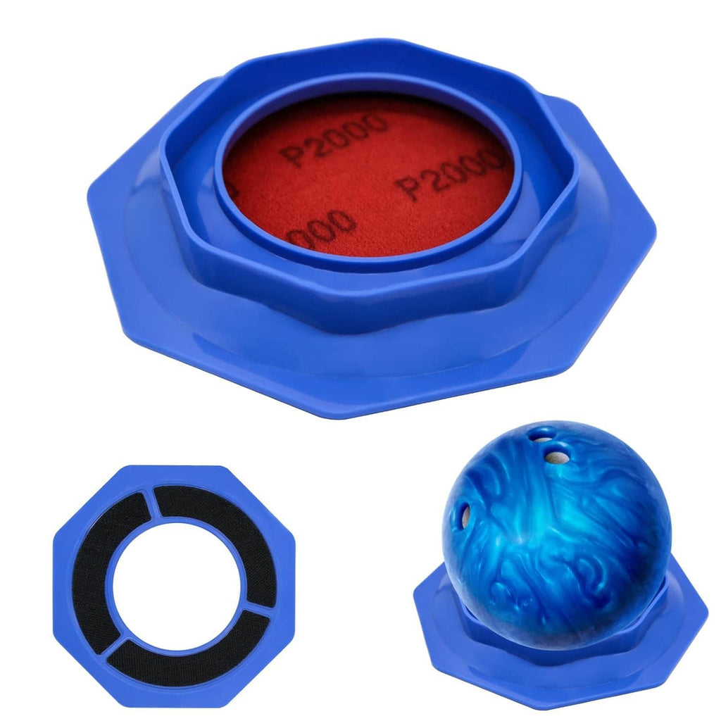 Blue bowling ball sanding pad holder with red sandpaper pad, octagonal grip ring, and blue grip ball