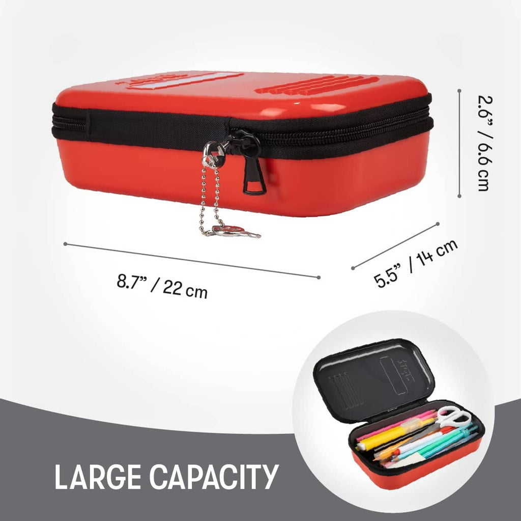 Red lockable tin pencil case with black zipper and hanging keys