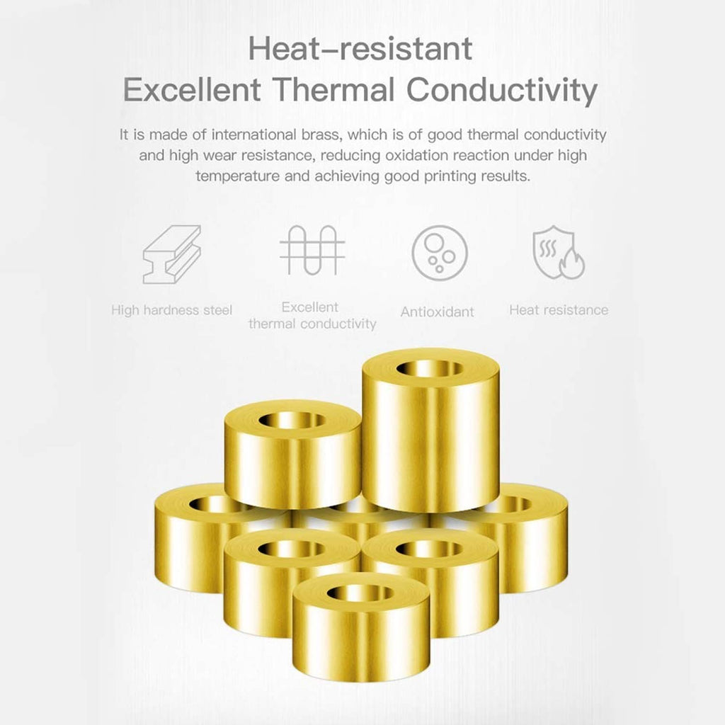 Stack of gold brass 3D printer nozzles with threaded sides and circular openings