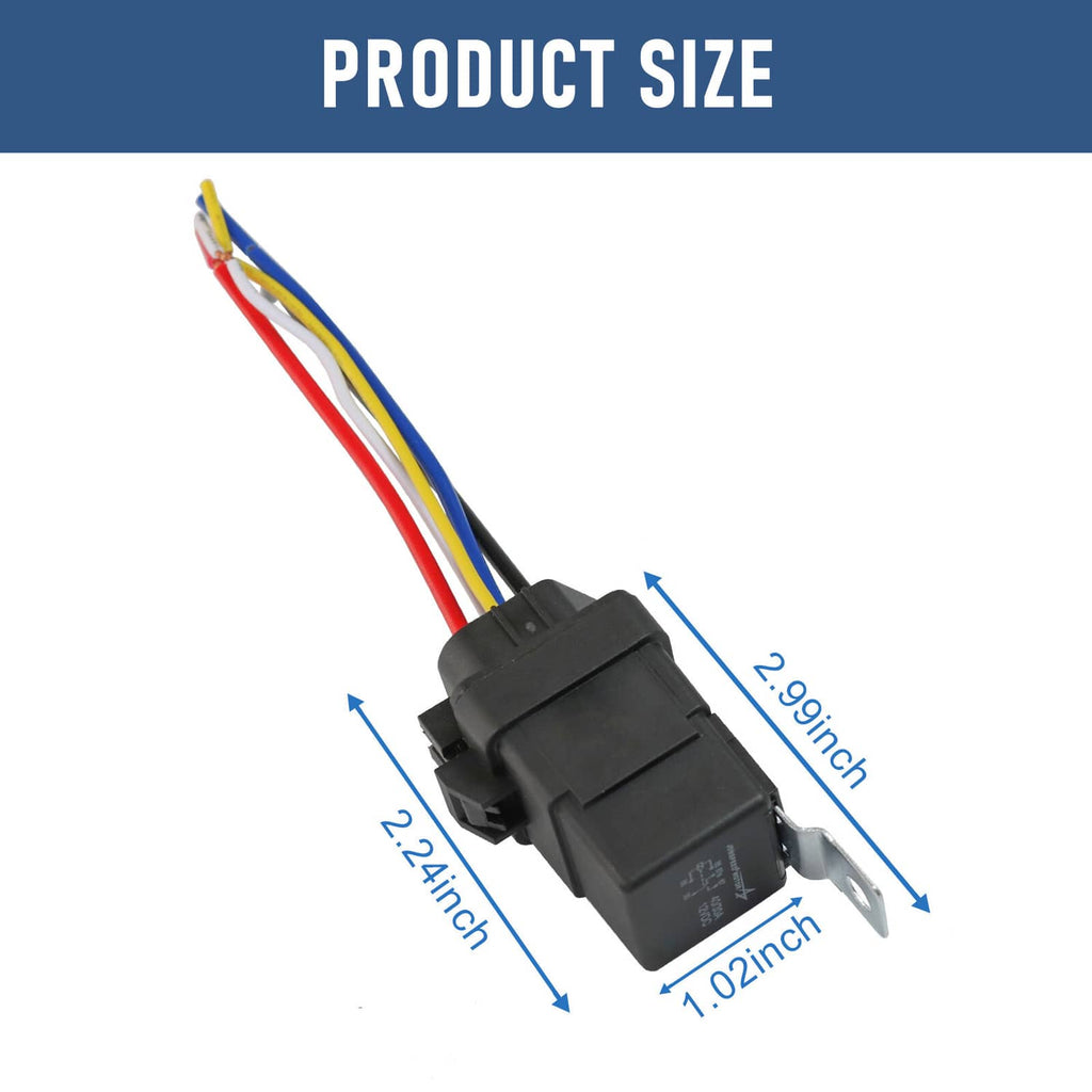 5-pin relay socket harness close-up with black connector and multi-color wire leads