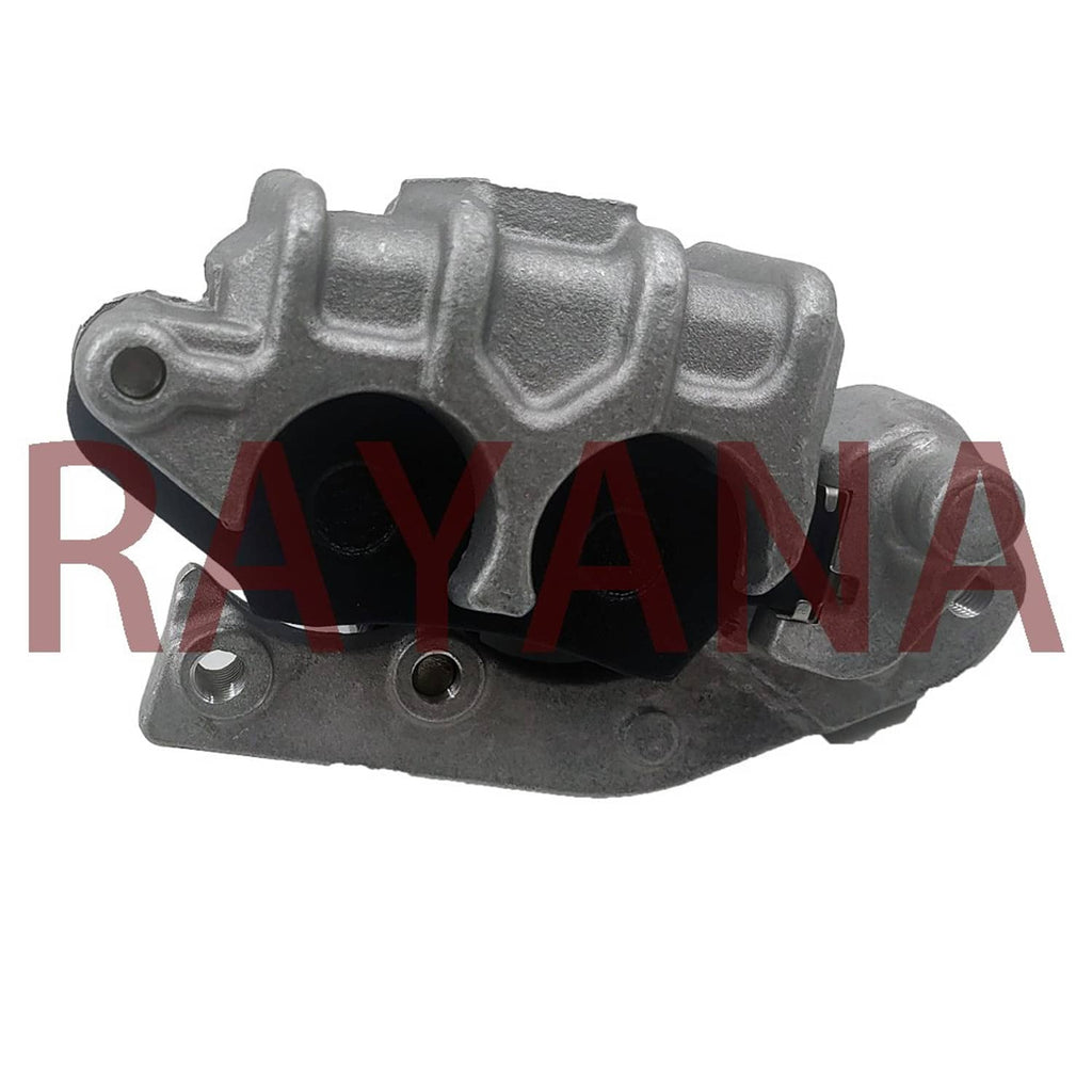 Front brake caliper, dark gray metal with large pad opening and mounting holes