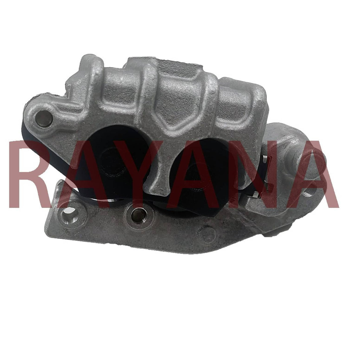 Front brake caliper, dark gray metal with large pad opening and mounting holes