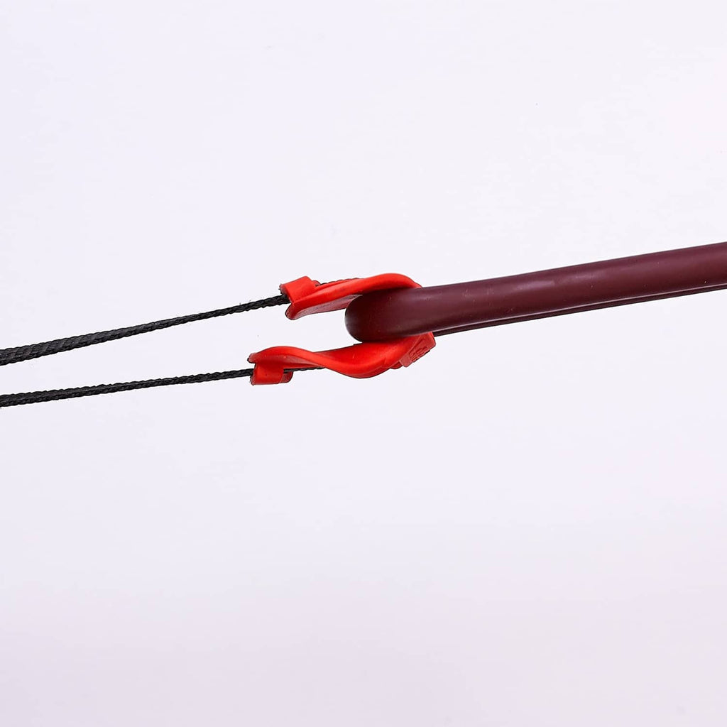 Door anchor showing black strap and red plastic clamp on bar