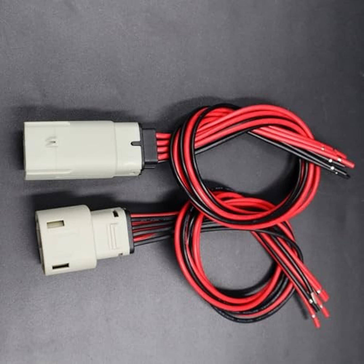 LED headlight connector harness with inline white connectors and red/black wire leads