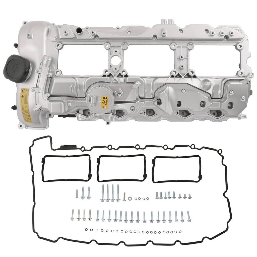 Aluminum valve cover with gasket and oil cap, light gray engine cover part