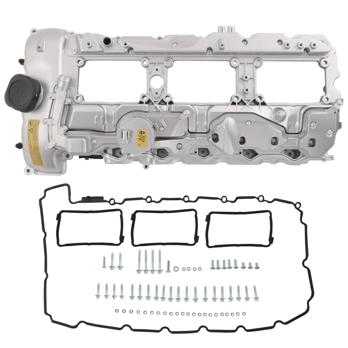 Aluminum valve cover with gasket and oil cap, light gray engine cover part