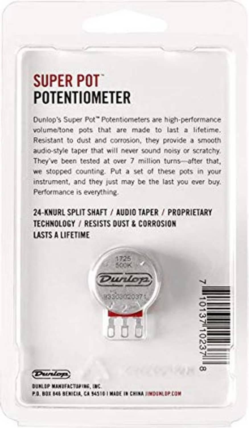 Dunlop super pot potentiometer retail package back with feature/specification text
