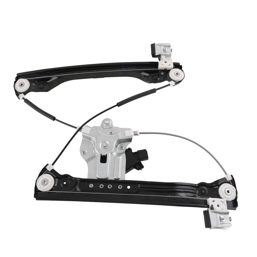 Window regulator assembly with mounting brackets, rollers, and black cables