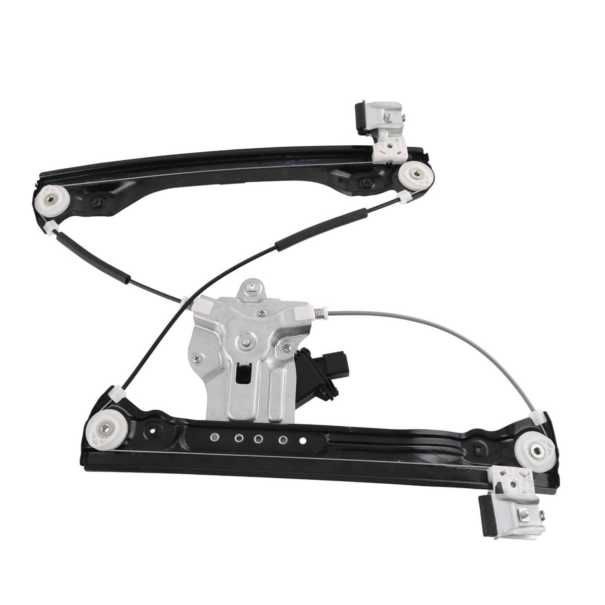 Window regulator assembly with mounting brackets, rollers, and black cables
