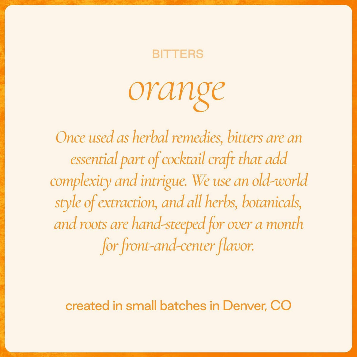 Orange bitters information card with 'bitters' and 'orange' text