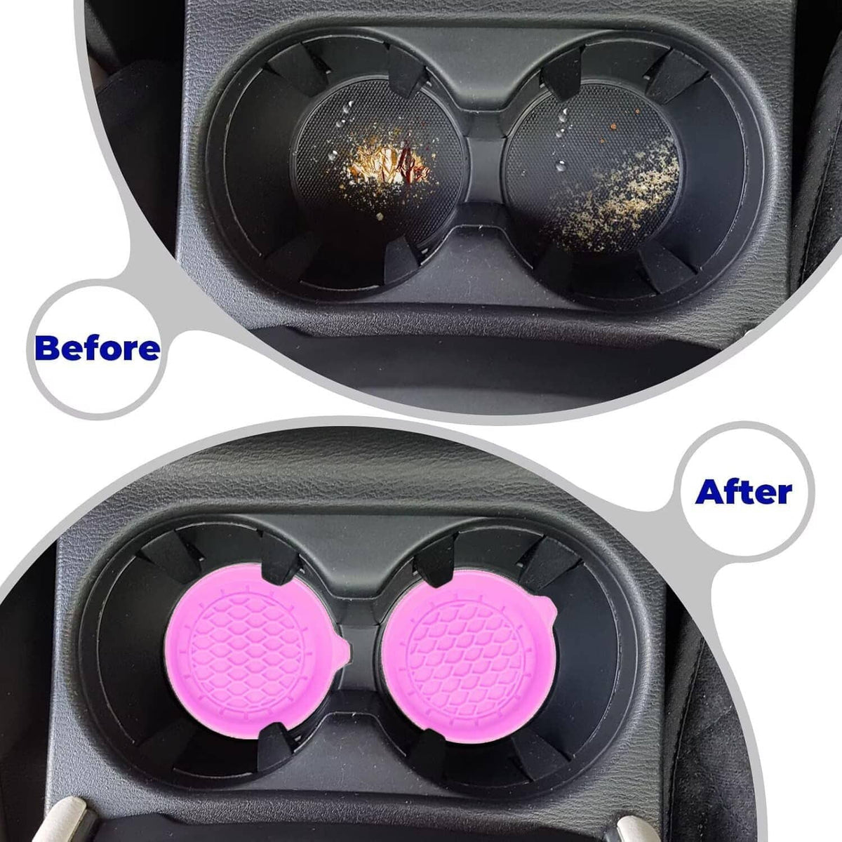 Pink silicone cup coasters installed in car cup holder, round textured insert